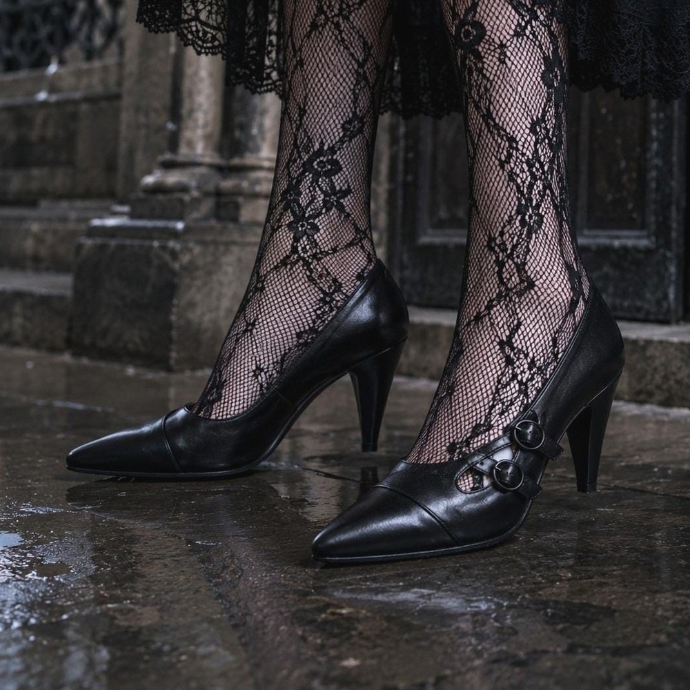 Vintage Elle Due Moda Black Leather Pointed Button Accent Cone Pumps Italy 38